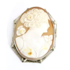 14k White Gold Filigree Carved Shell Victorian Cameo Brooch Rose Pin Pendant Folding Bale 1 7/8 13G