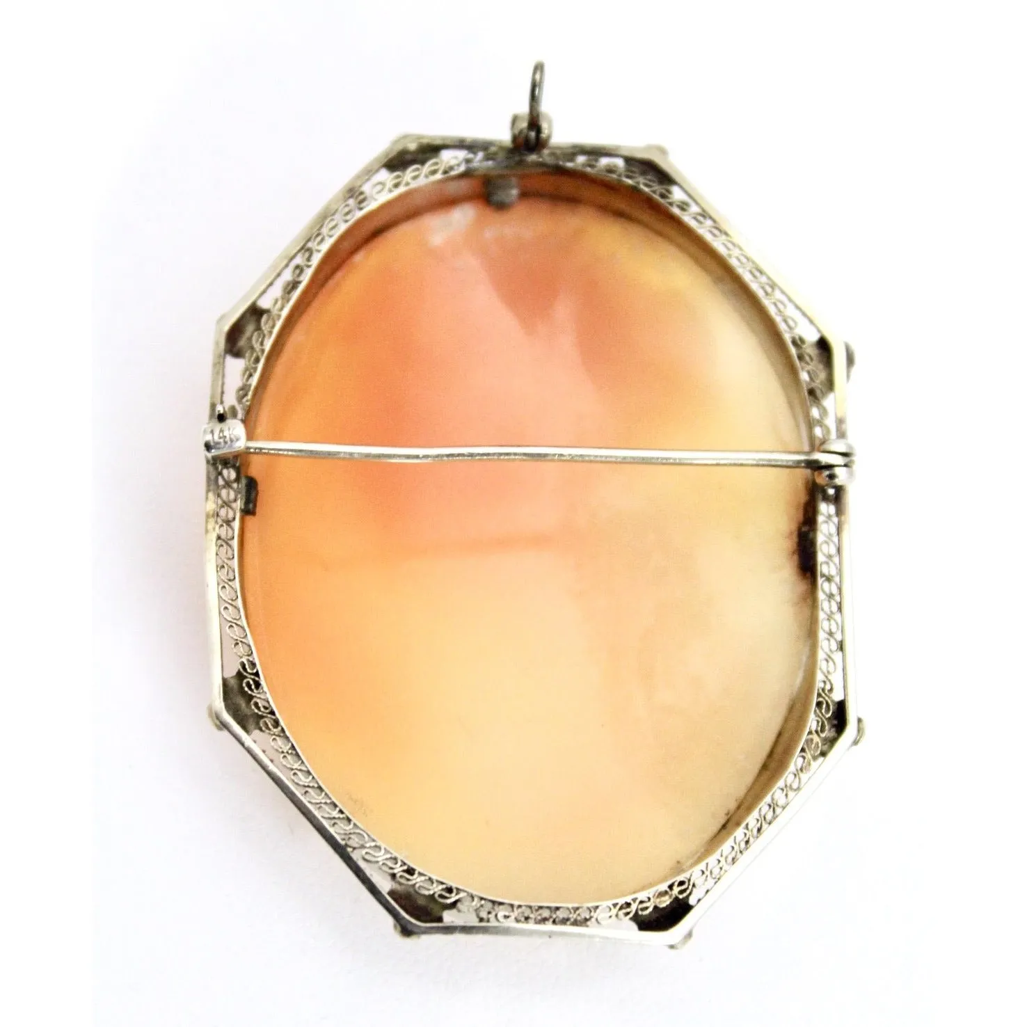 14k White Gold Filigree Carved Shell Victorian Cameo Brooch Rose Pin Pendant Folding Bale 1 7/8 13G