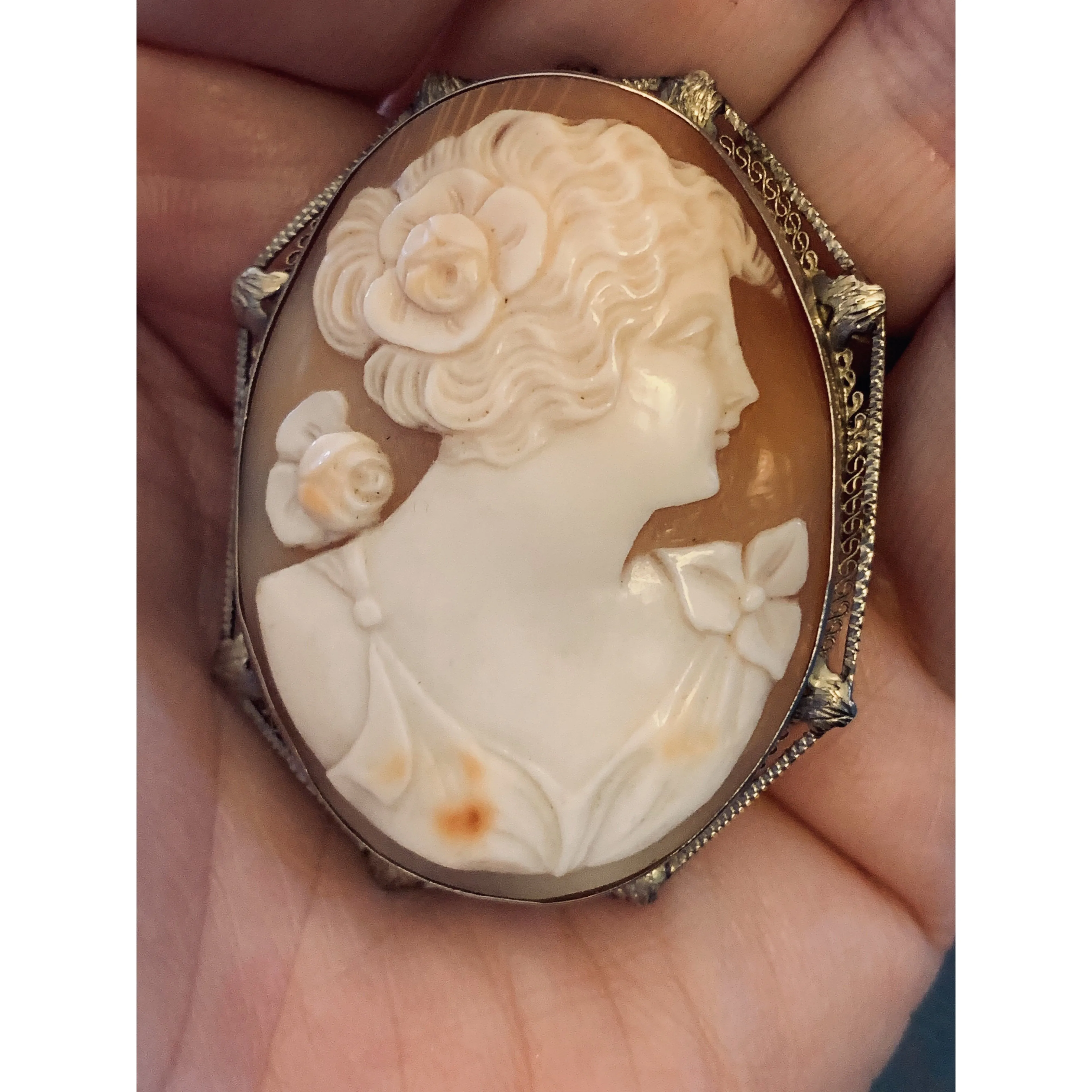 14k White Gold Filigree Carved Shell Victorian Cameo Brooch Rose Pin Pendant Folding Bale 1 7/8 13G