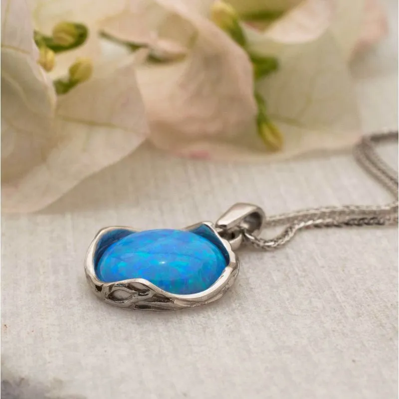 14K White Gold Round Blue Opal 12mm Pendant