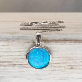 14K White Gold Round Blue Opal 12mm Pendant