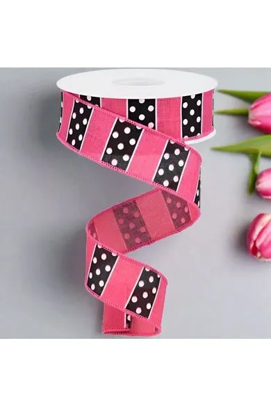 1.5" B & W Polka Dot Stripes Ribbon: Pink (10 Yards)