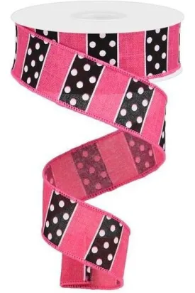 1.5" B & W Polka Dot Stripes Ribbon: Pink (10 Yards)