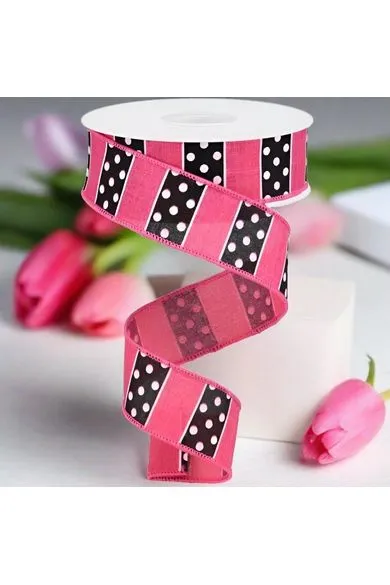 1.5" B & W Polka Dot Stripes Ribbon: Pink (10 Yards)