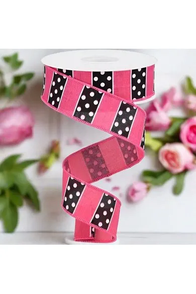 1.5" B & W Polka Dot Stripes Ribbon: Pink (10 Yards)