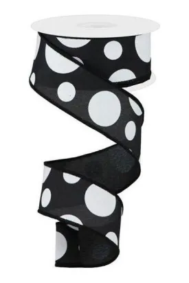 1.5" Giant Three Size Polka Dot Ribbon: Black/White (10 Yards)