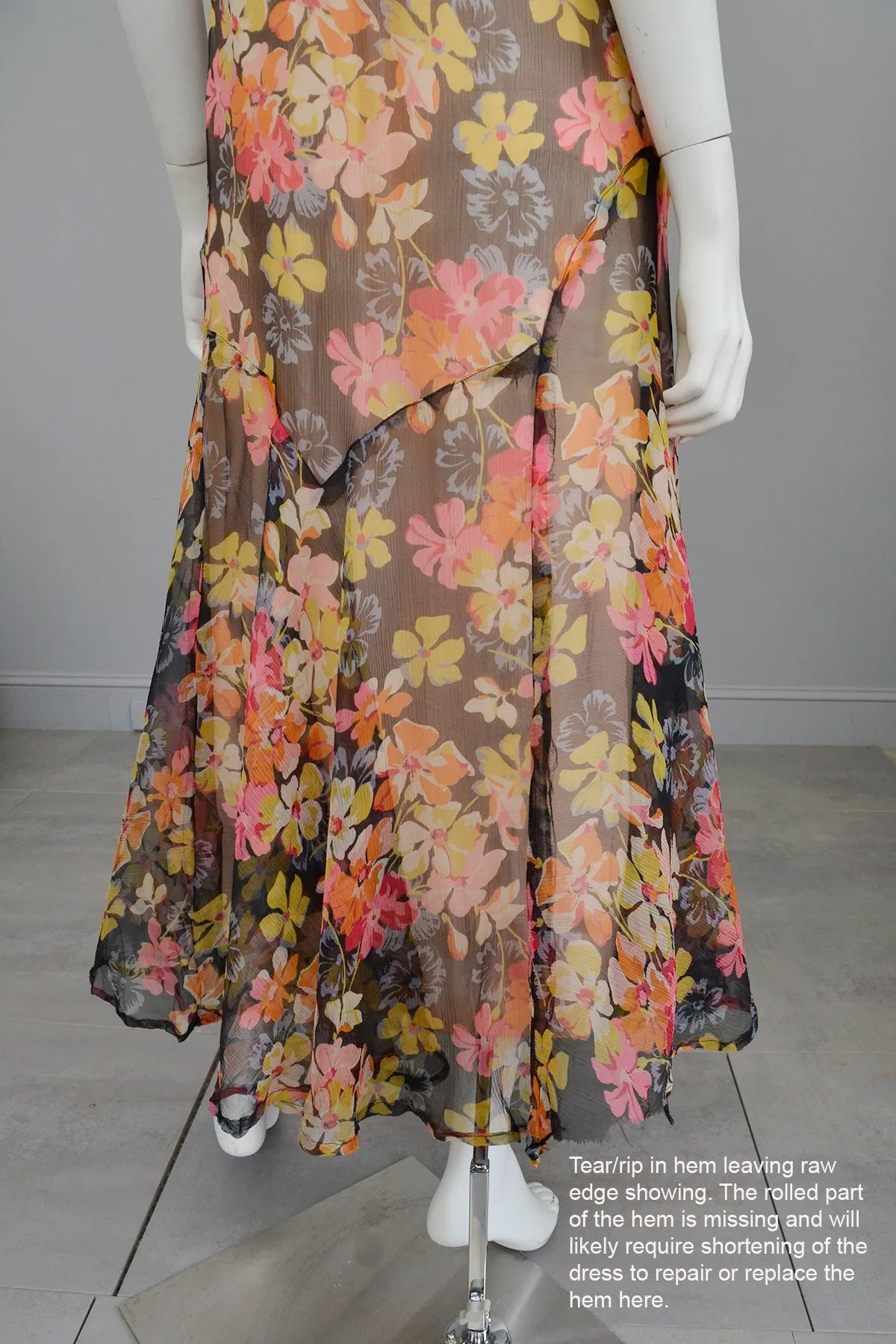 1920s 30s Pink Yellow Floral Print on Charcoal Grey Chiffon Flapper Dress | Restoration needed