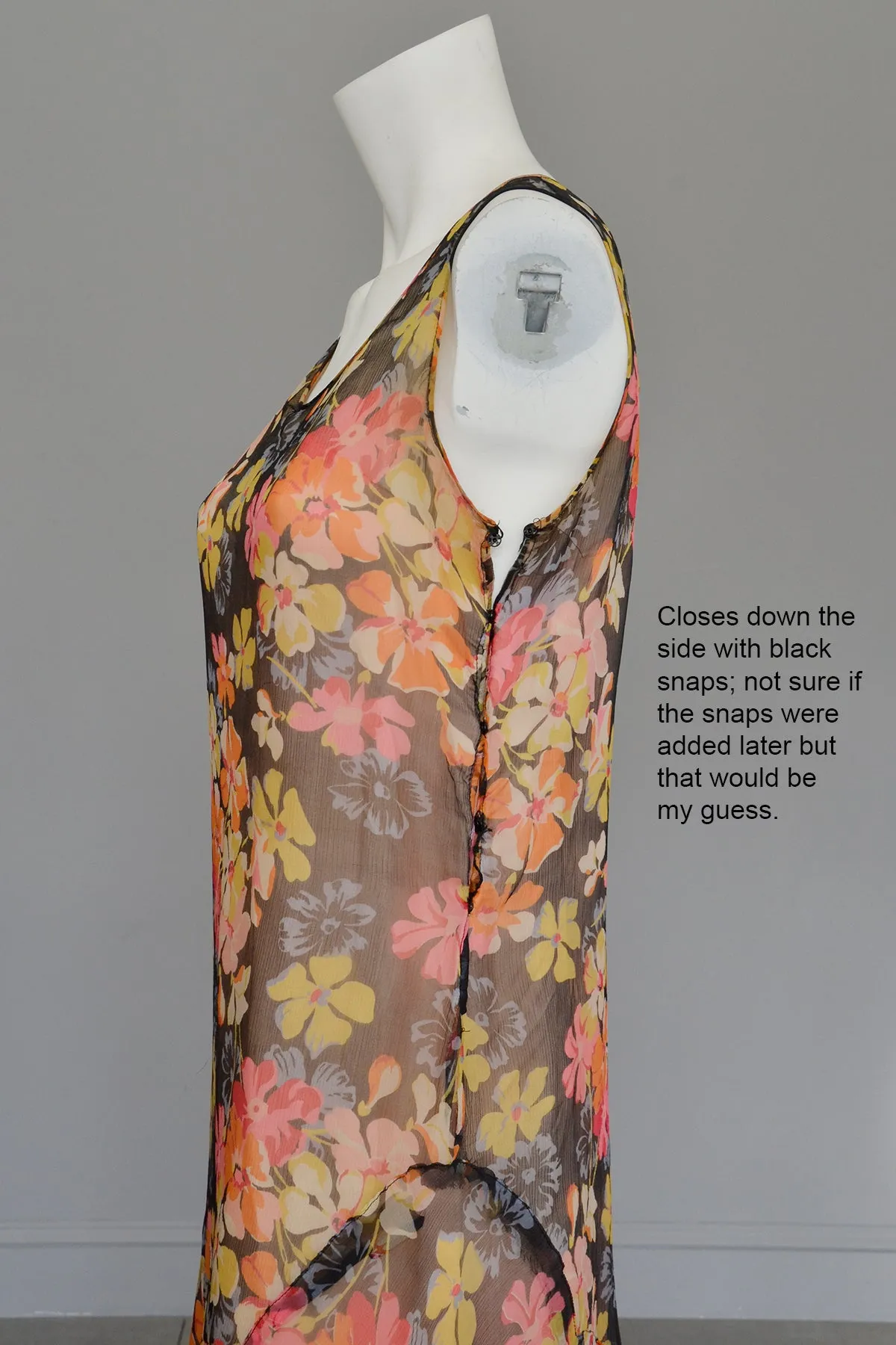 1920s 30s Pink Yellow Floral Print on Charcoal Grey Chiffon Flapper Dress | Restoration needed