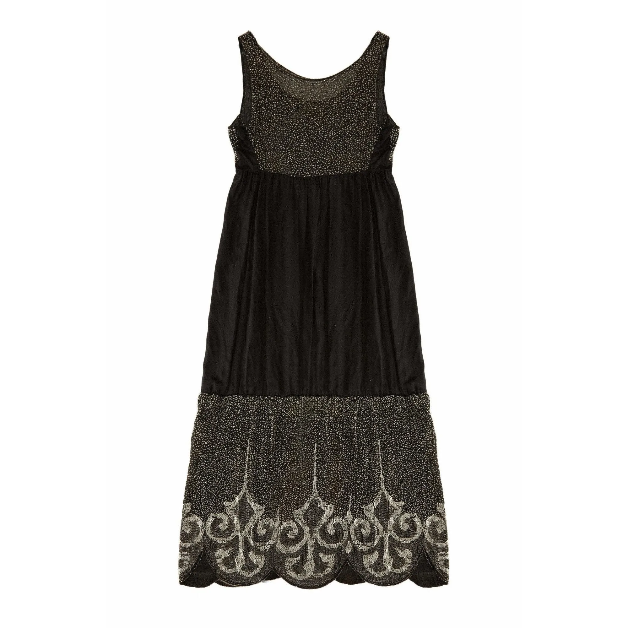 1920s Black and Cream Silk Beaded Long Flapper Dress