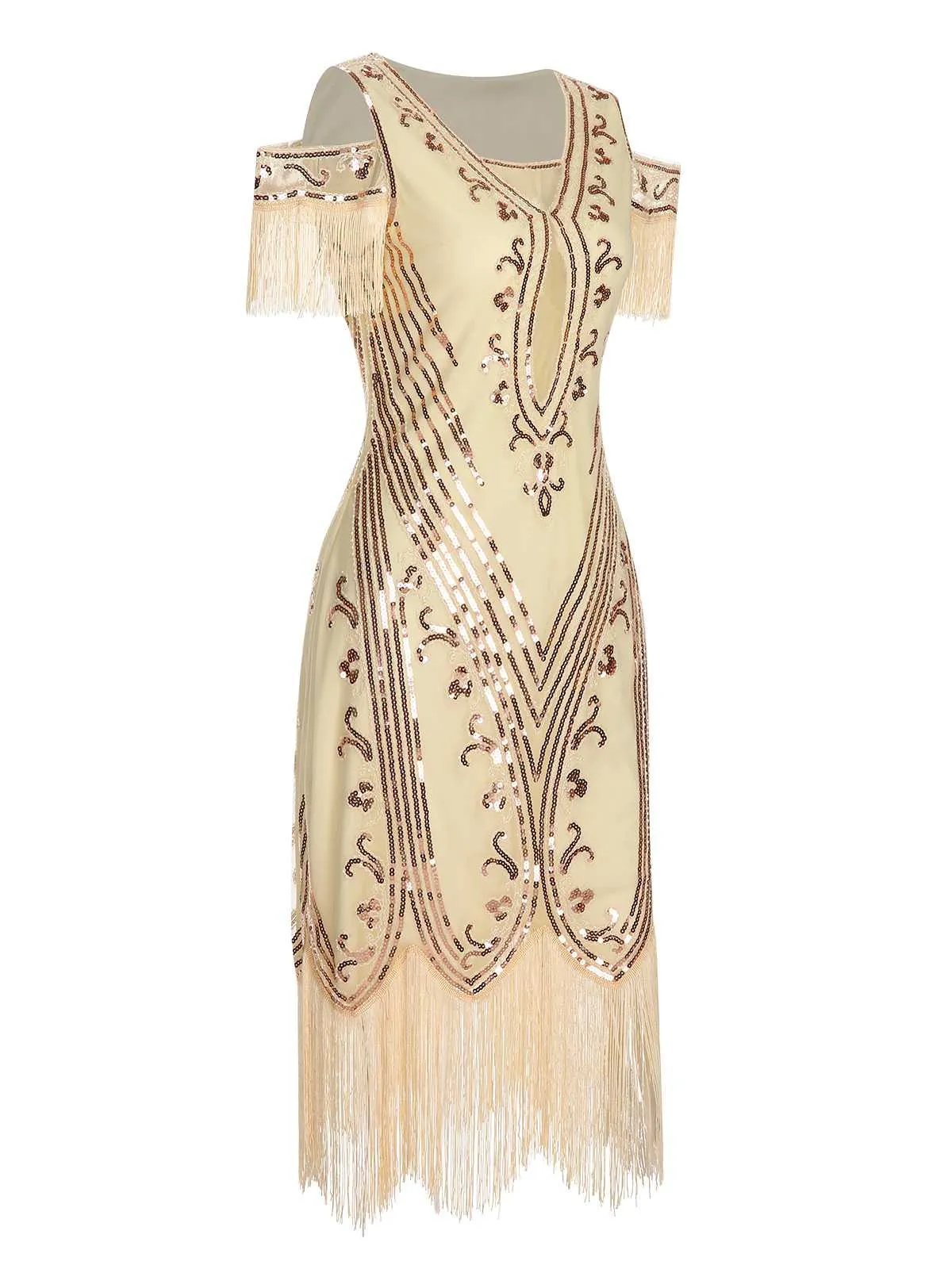 1920s Cold Shoulder Embroidered Fringe Sequins Dress