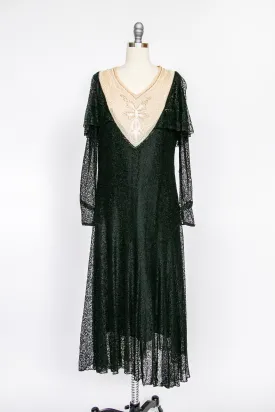 1920s Dress Black Lace Beaded Illusion Deco S