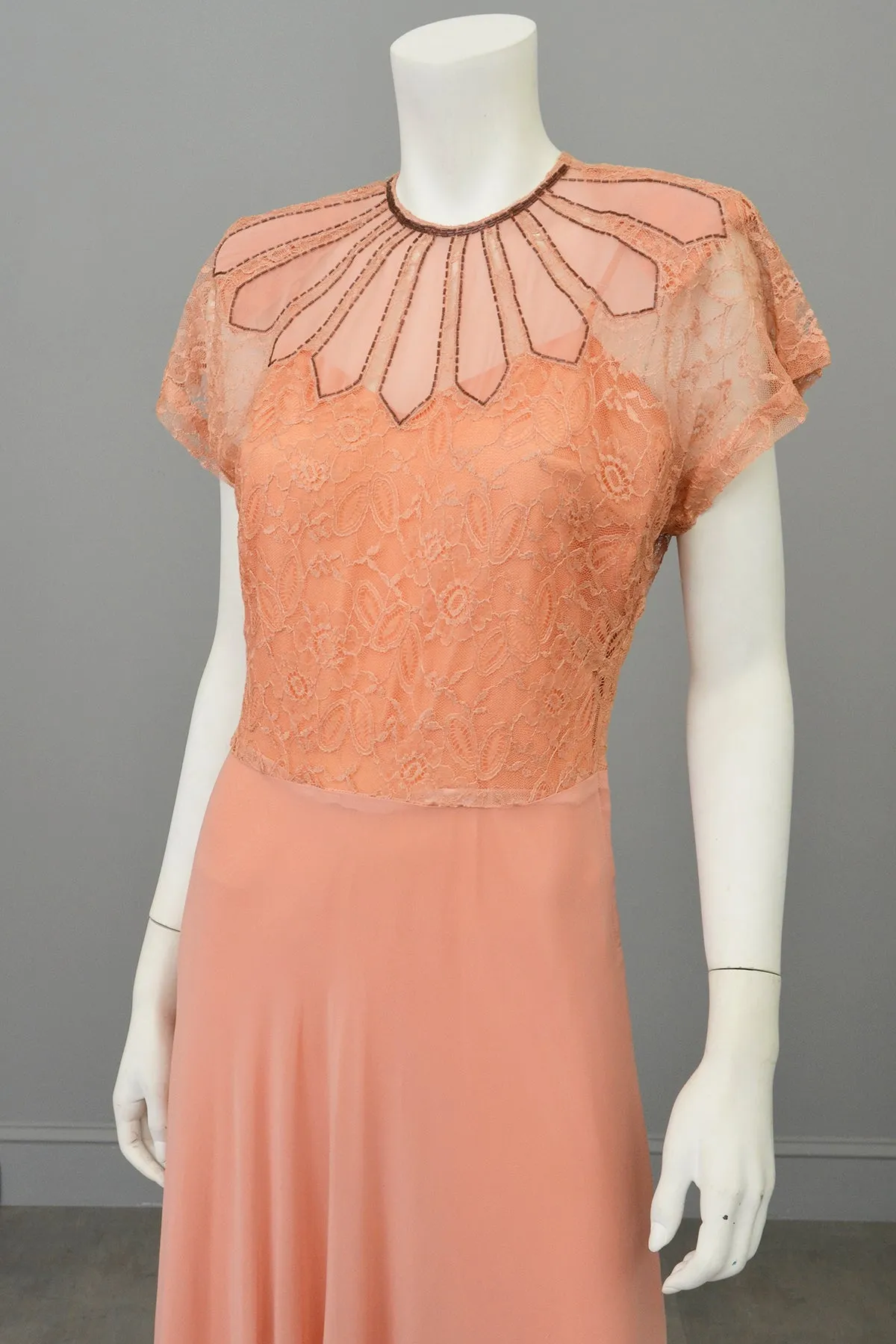 1930s Peach Art Deco Beaded Lace Gown