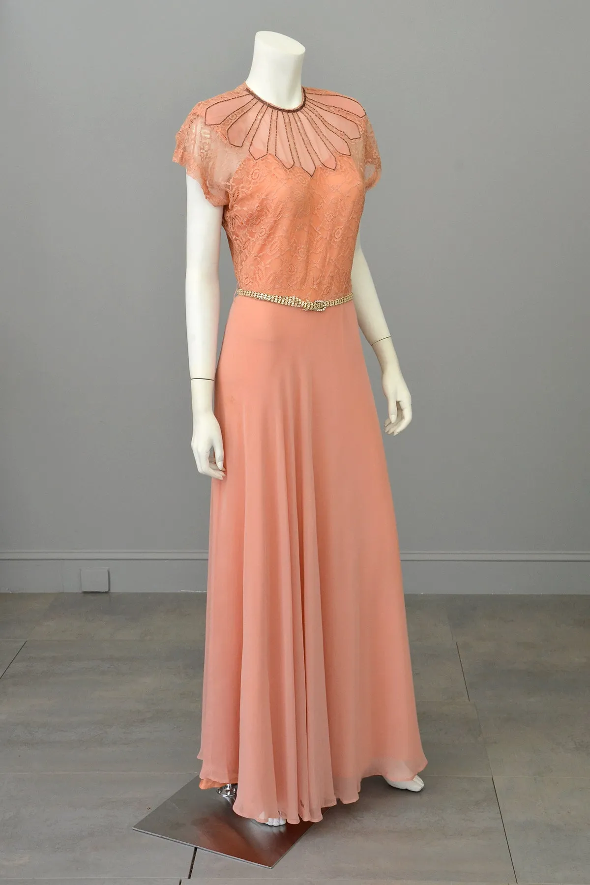 1930s Peach Art Deco Beaded Lace Gown