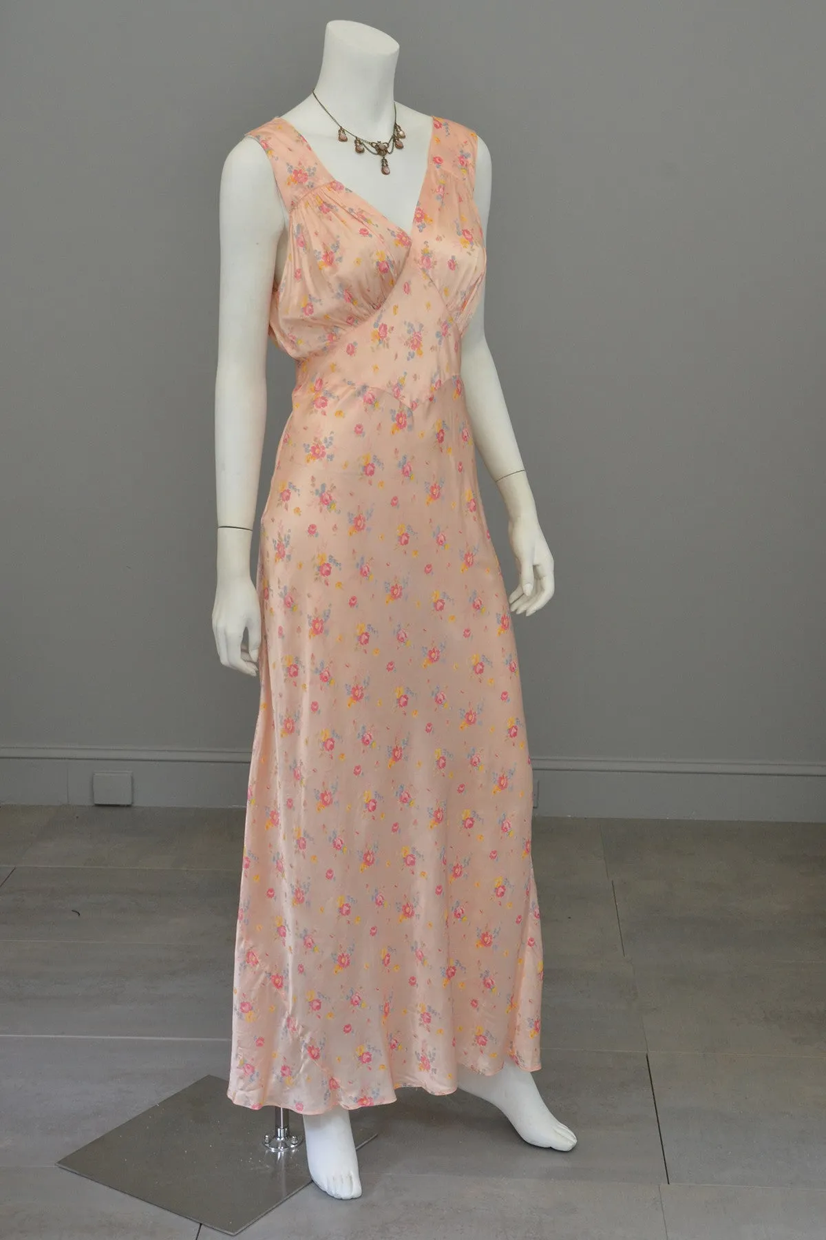 1930s Peach Floral Print Negligee Slip Dress