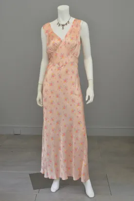 1930s Peach Floral Print Negligee Slip Dress