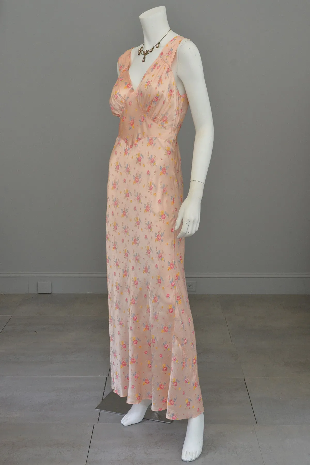 1930s Peach Floral Print Negligee Slip Dress