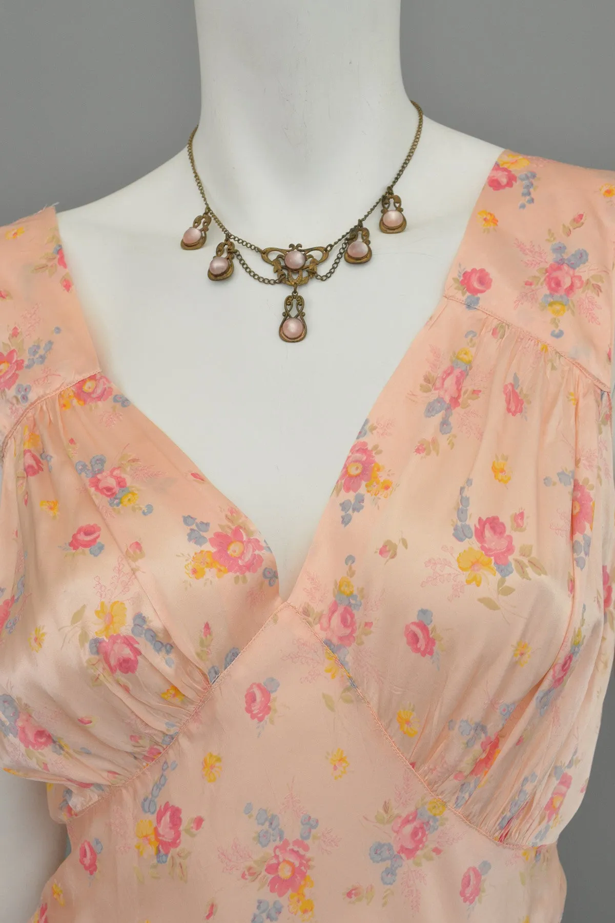 1930s Peach Floral Print Negligee Slip Dress