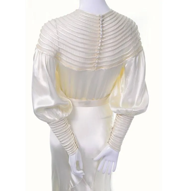 1930s Slipper Satin Ivory Wedding Gown w/ Sheer Ribbed Shoulders 2/4