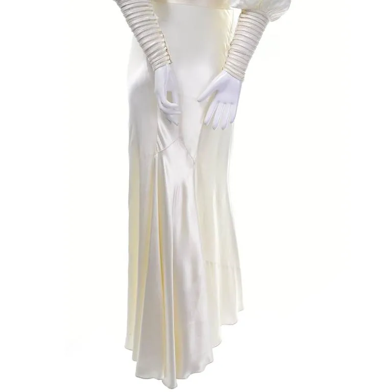 1930s Slipper Satin Ivory Wedding Gown w/ Sheer Ribbed Shoulders 2/4