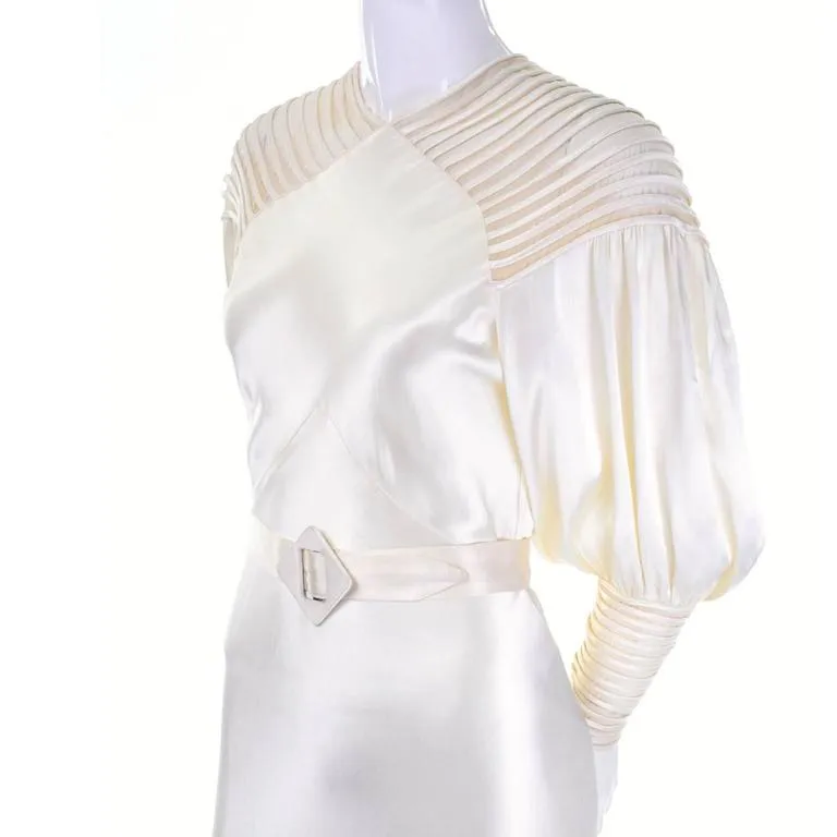 1930s Slipper Satin Ivory Wedding Gown w/ Sheer Ribbed Shoulders 2/4