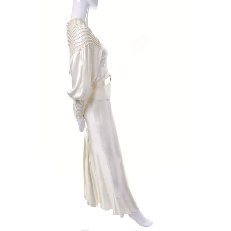 1930s Slipper Satin Ivory Wedding Gown w/ Sheer Ribbed Shoulders 2/4