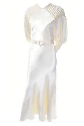 1930s Slipper Satin Ivory Wedding Gown w/ Sheer Ribbed Shoulders 2/4