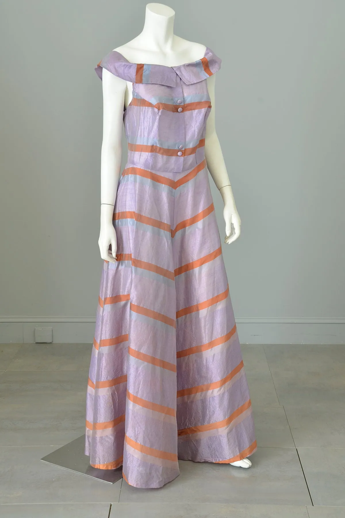 1940s 50s Lilac and Copper Metallic Chevron Jumper Style Gown