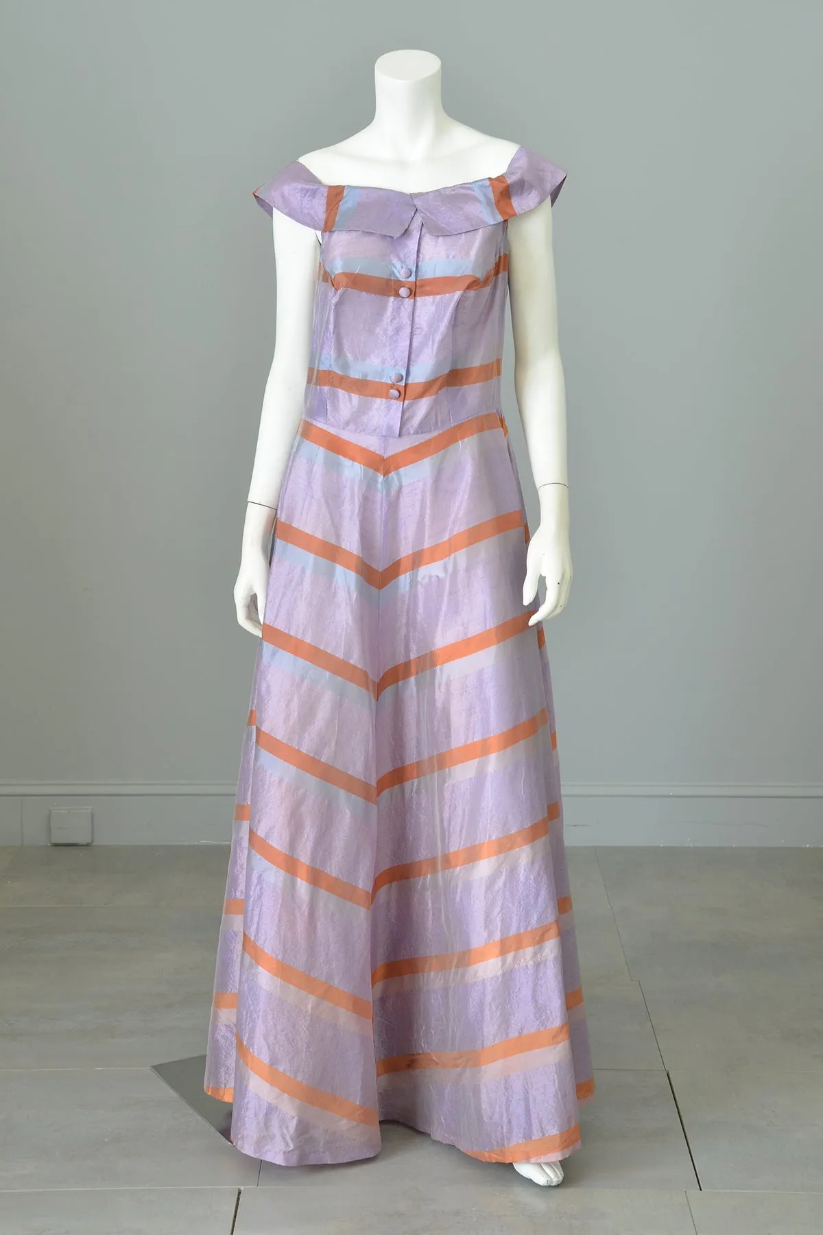 1940s 50s Lilac and Copper Metallic Chevron Jumper Style Gown