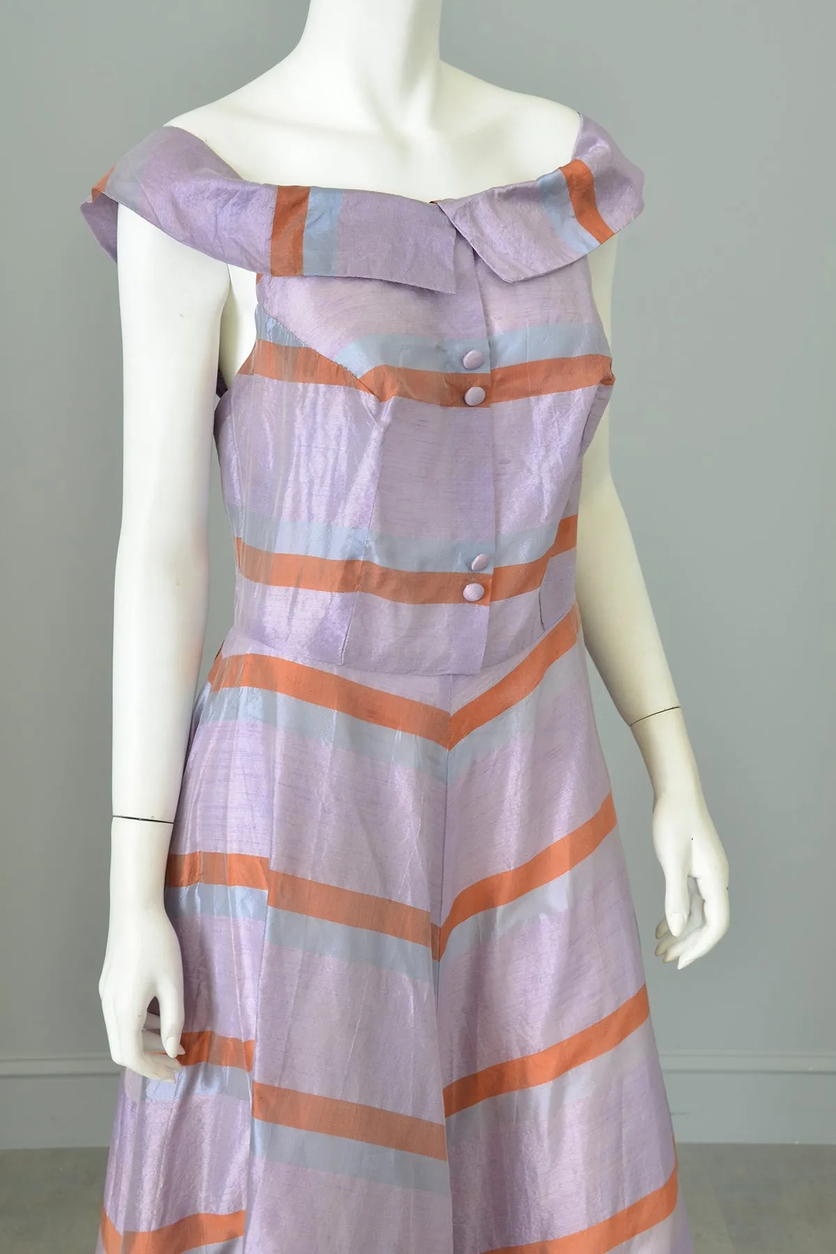 1940s 50s Lilac and Copper Metallic Chevron Jumper Style Gown