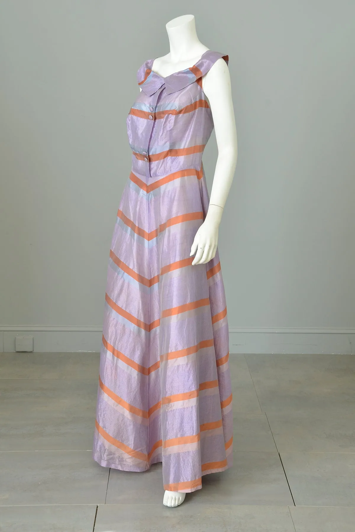 1940s 50s Lilac and Copper Metallic Chevron Jumper Style Gown