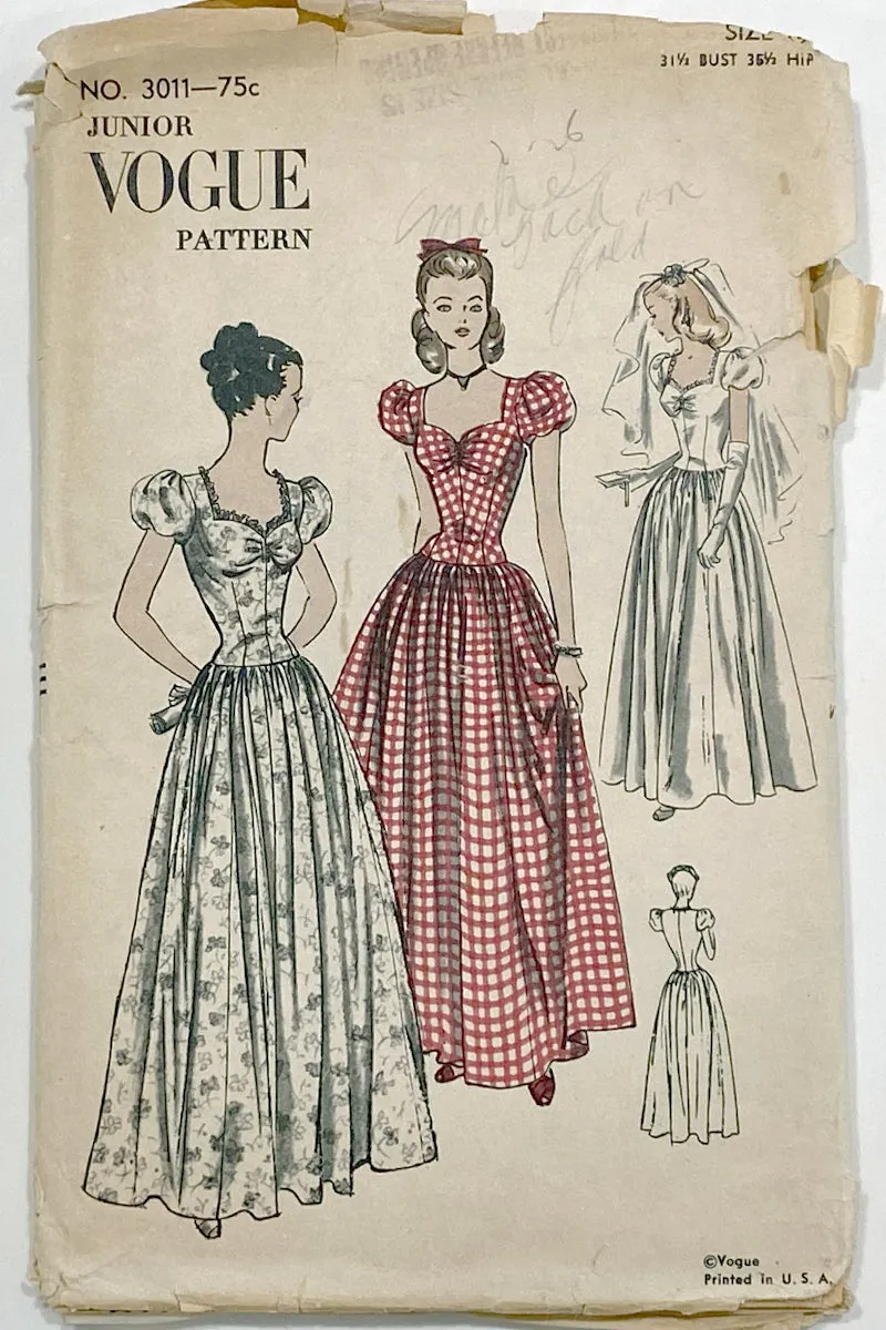 1940s Vogue 3011 Vintage Evening Dress Sewing Pattern