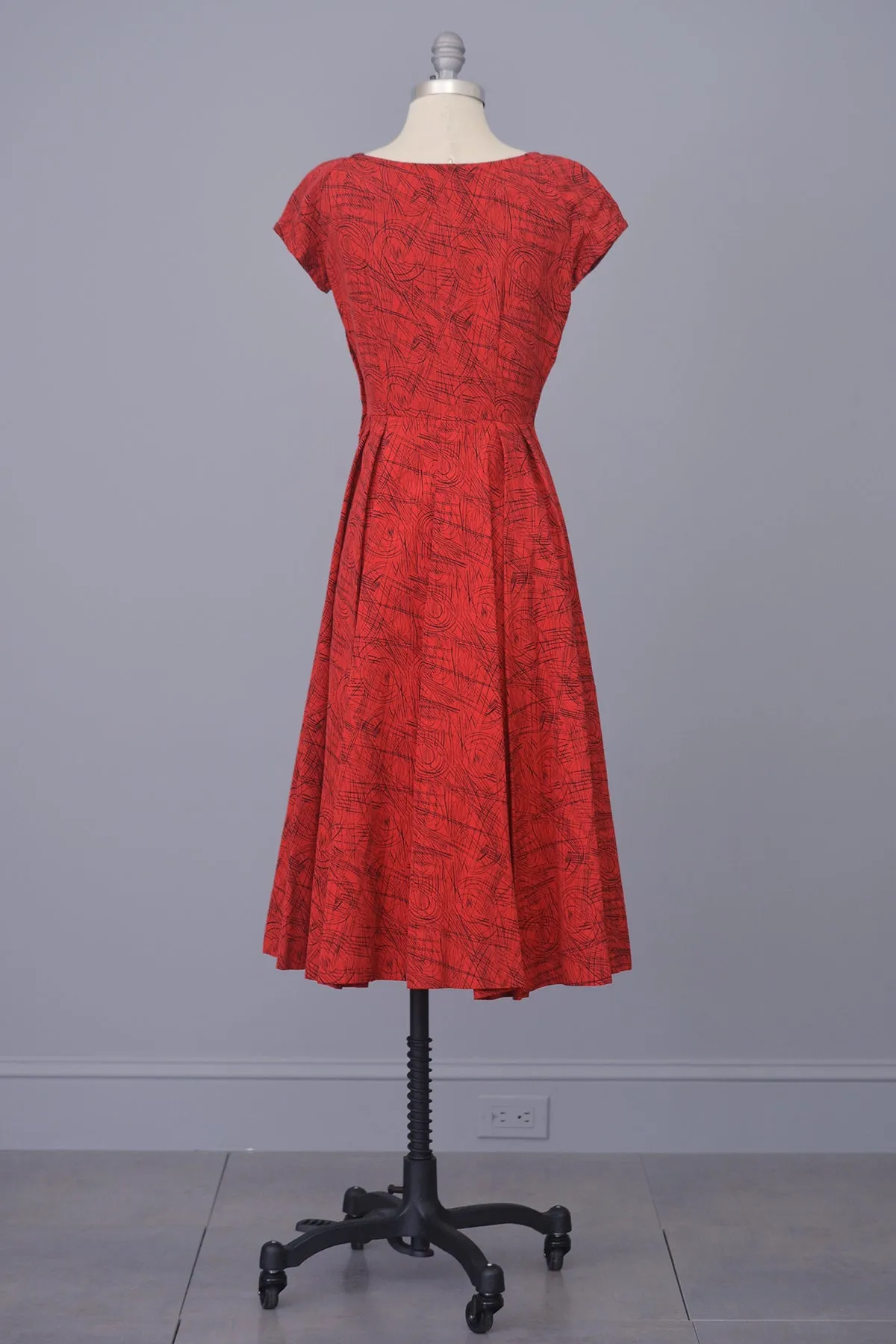 1950s Red with Black Atomic Sketch Print Dress