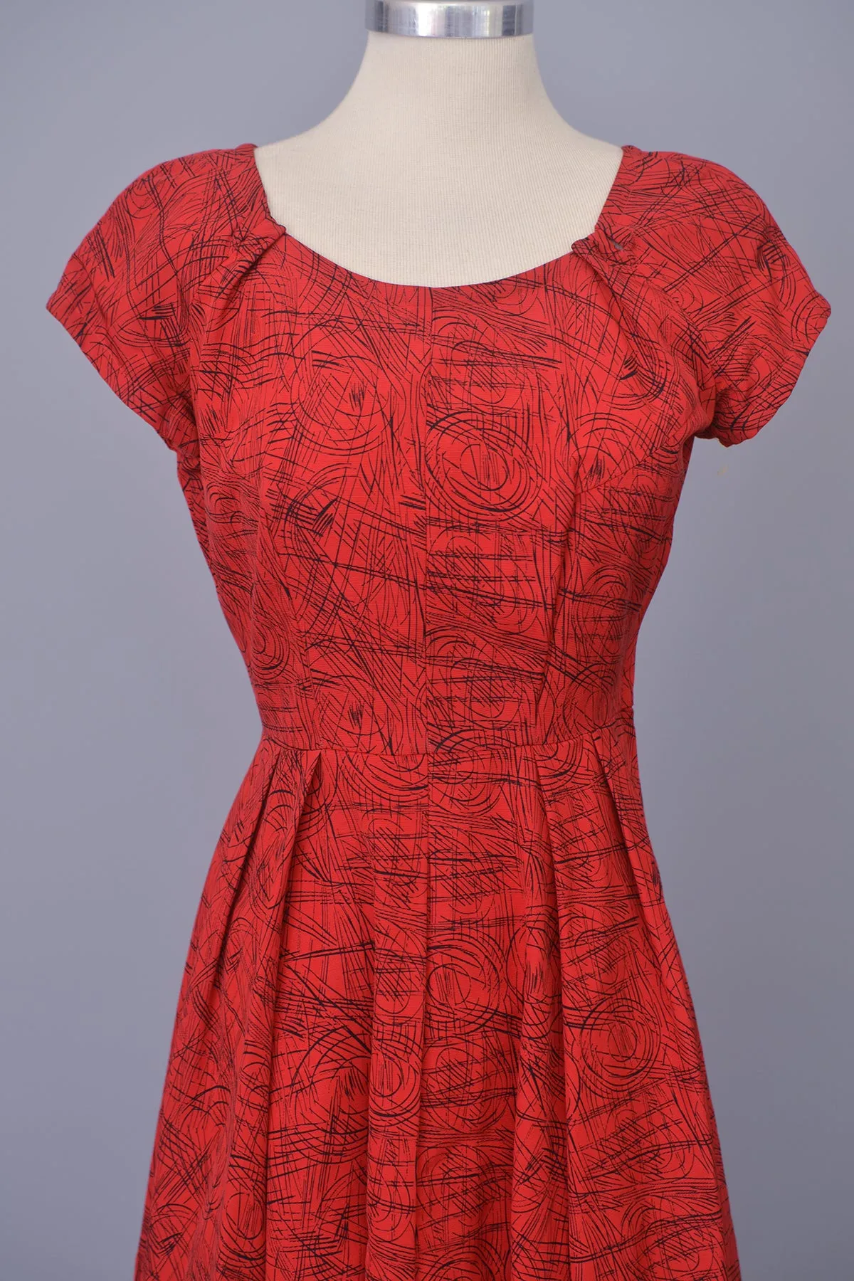 1950s Red with Black Atomic Sketch Print Dress