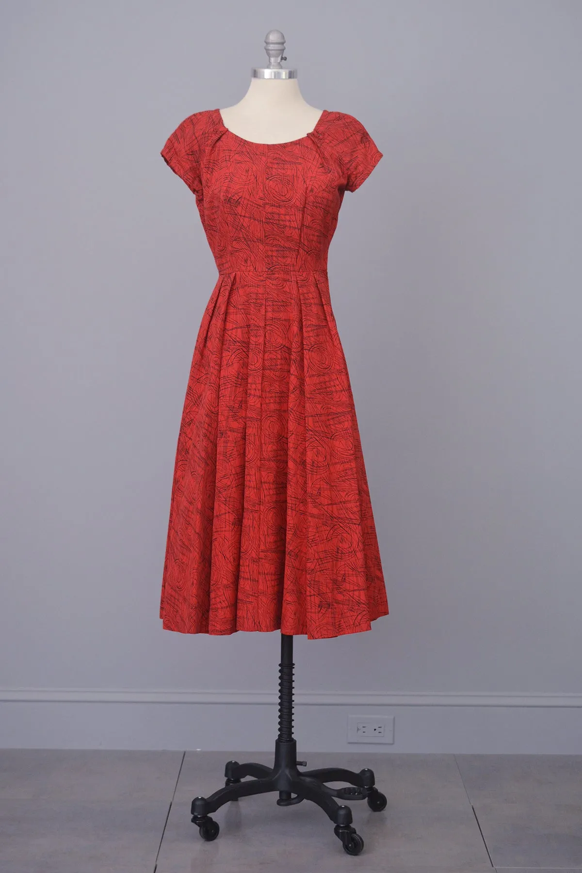 1950s Red with Black Atomic Sketch Print Dress