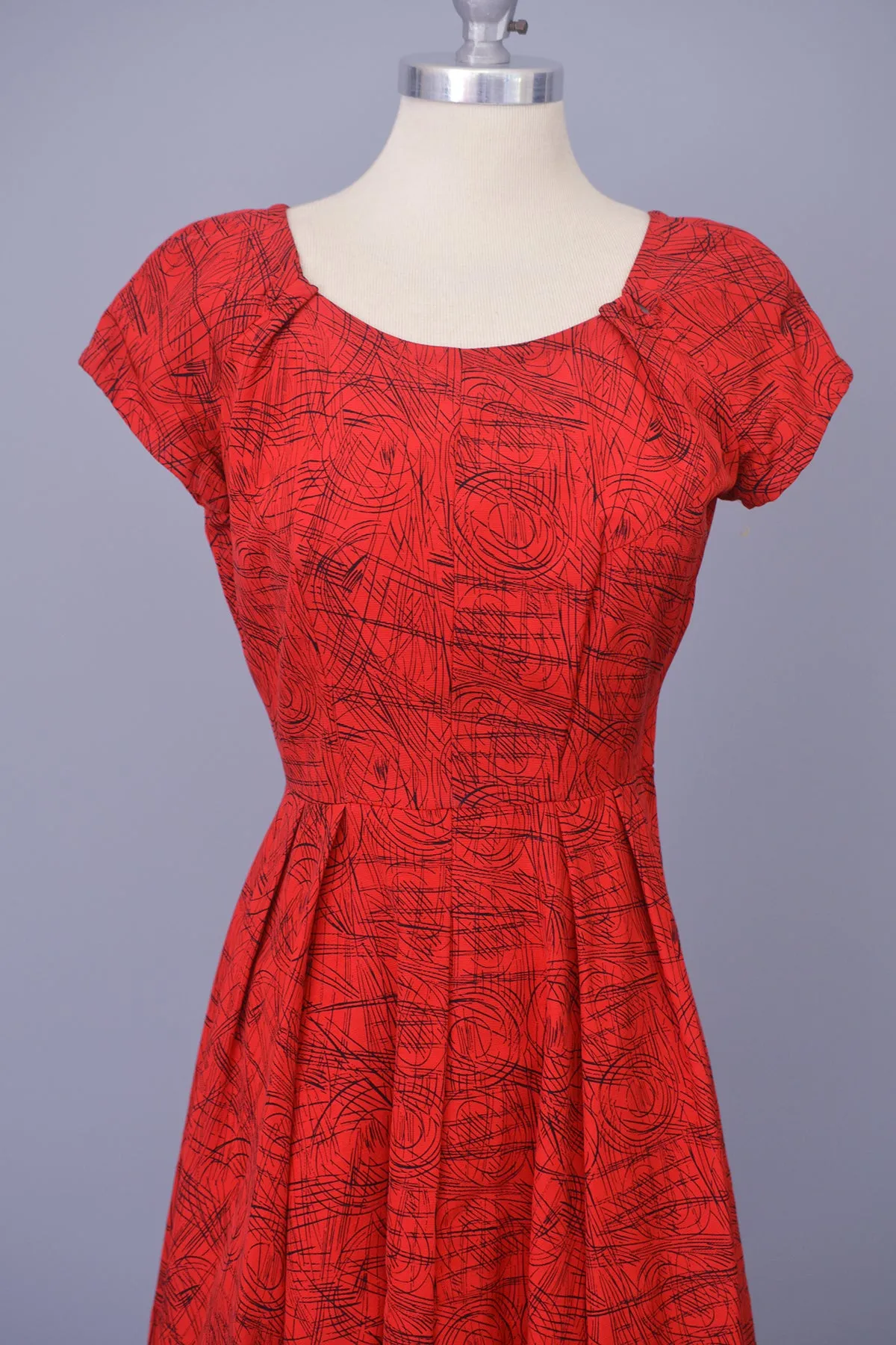 1950s Red with Black Atomic Sketch Print Dress