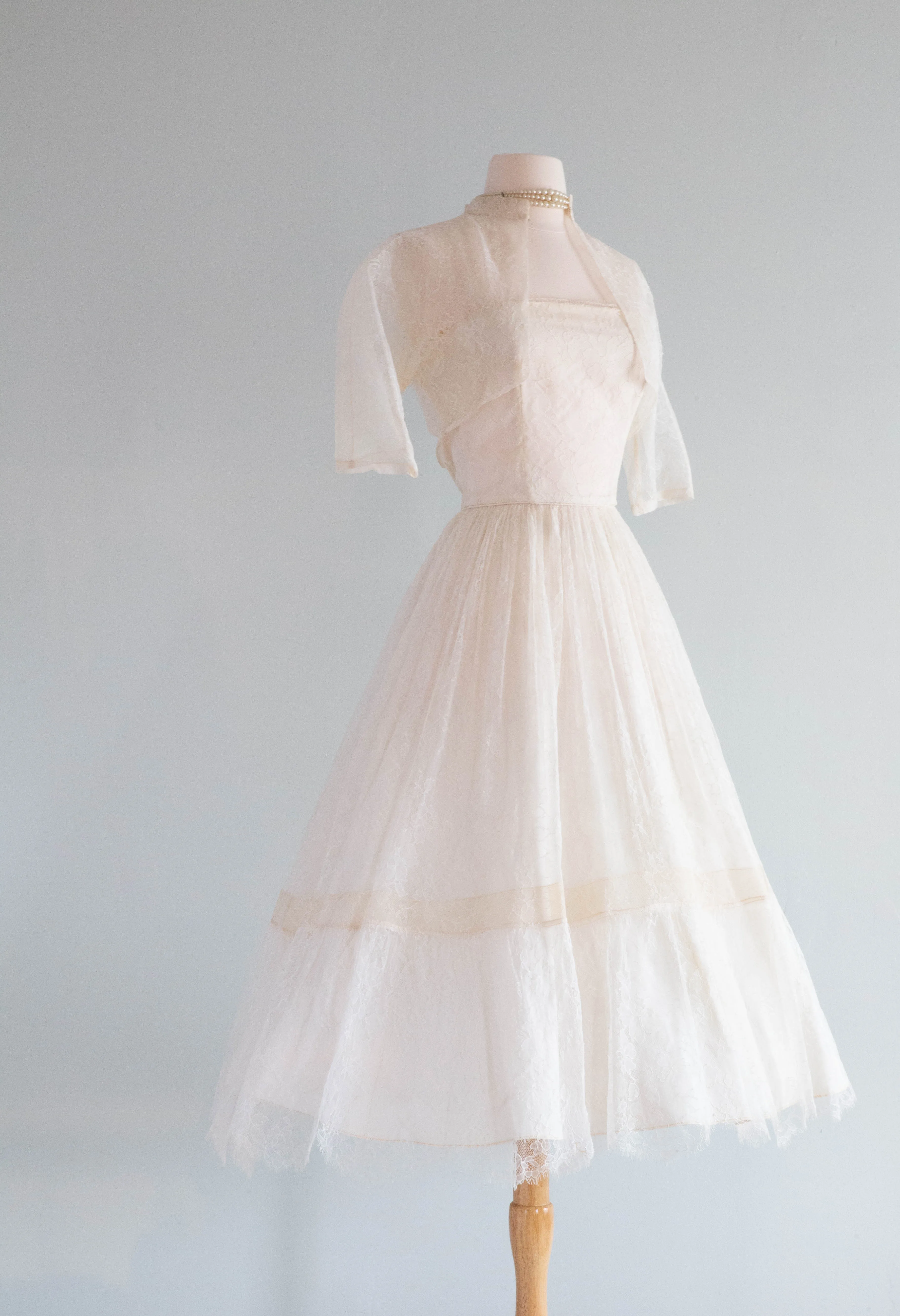 1950's Rose Lace Tea Length Wedding Dress With Matching Jacket By Filcol / XS