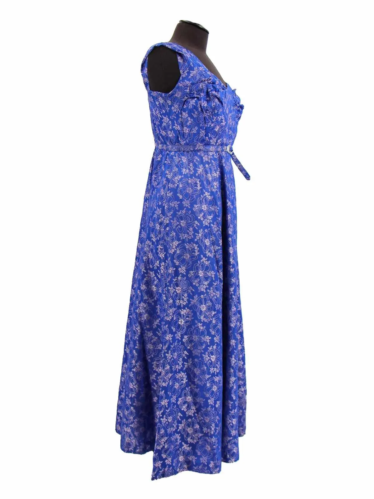 1950s Vintage Blue Damask Belted Evening Gown