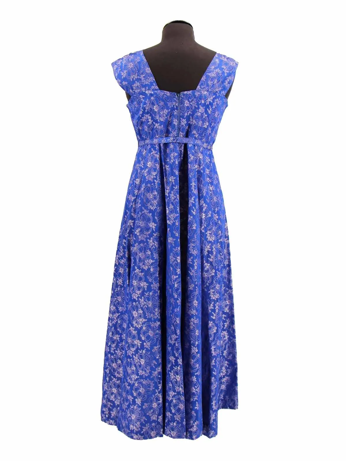 1950s Vintage Blue Damask Belted Evening Gown