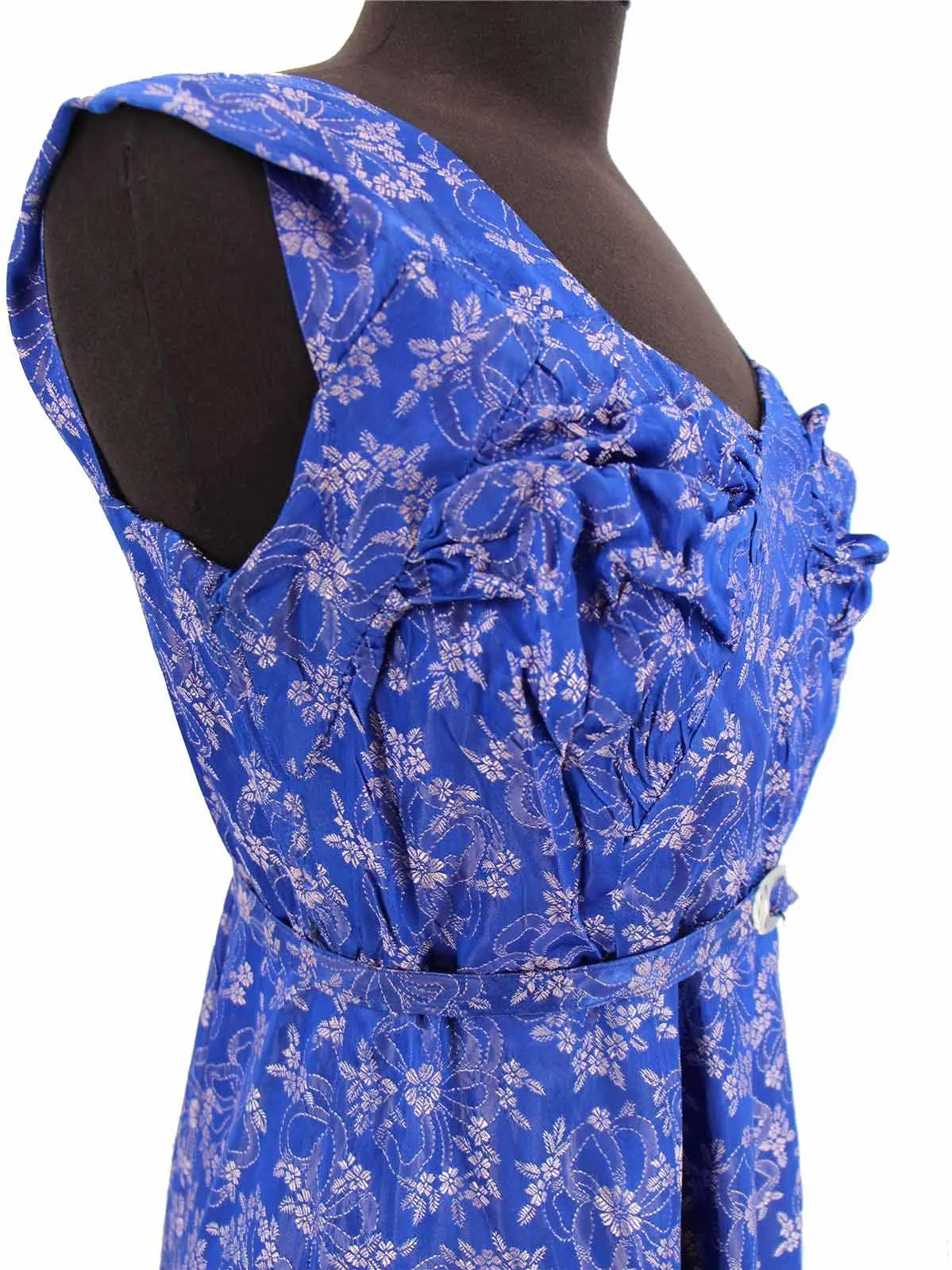 1950s Vintage Blue Damask Belted Evening Gown