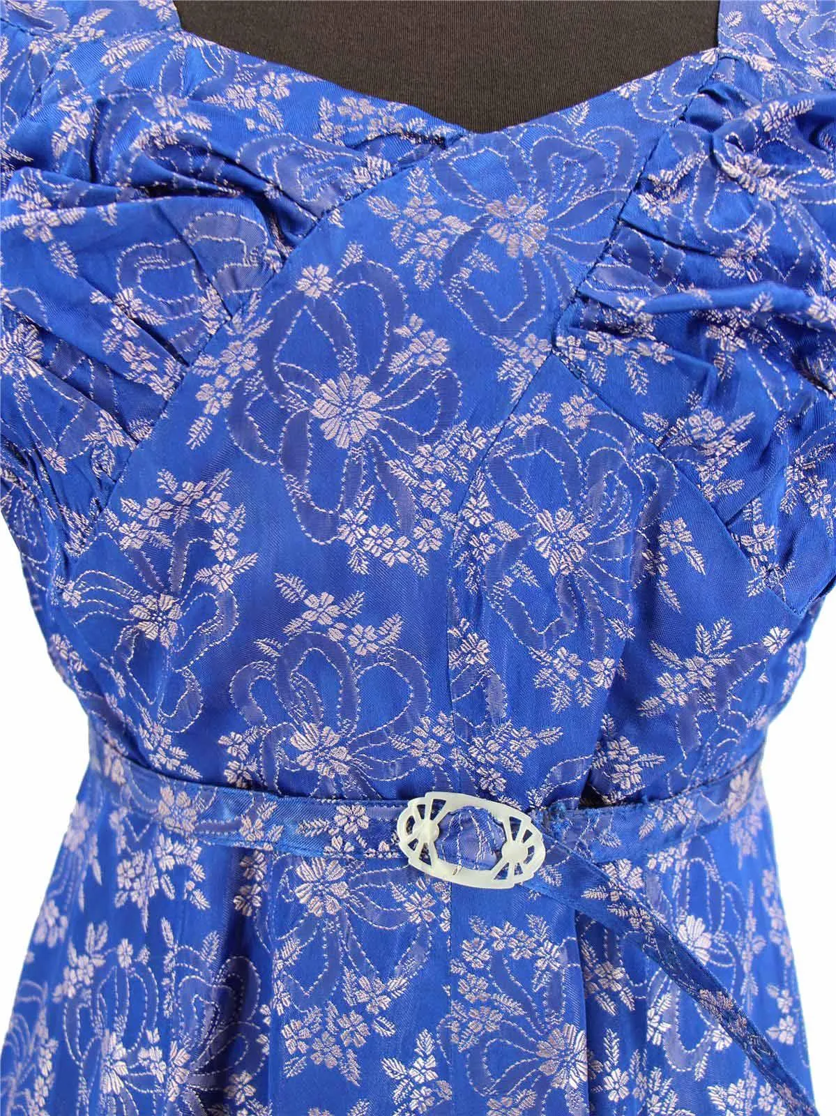 1950s Vintage Blue Damask Belted Evening Gown