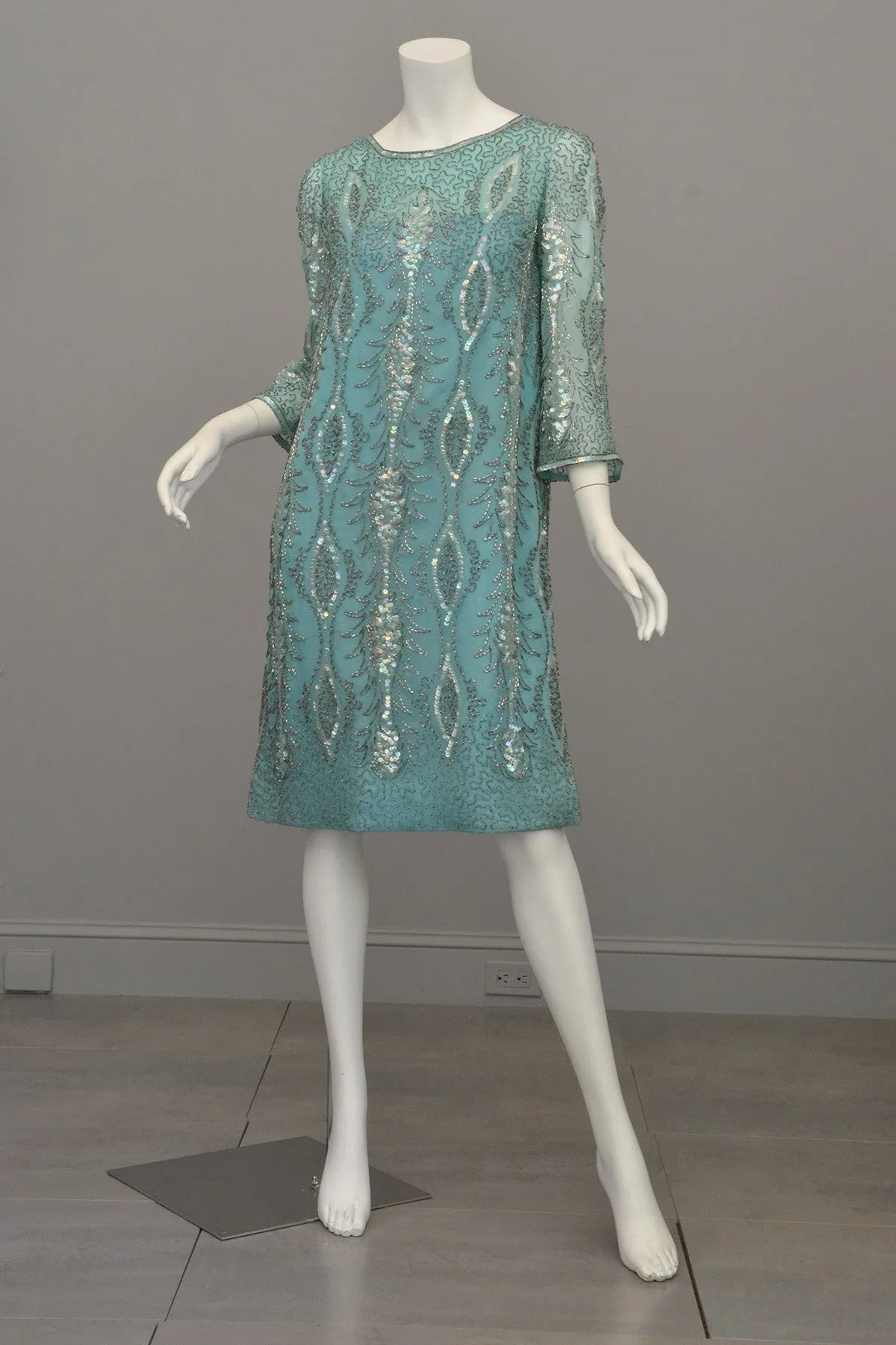 1960s Aqua Beaded Sequins MOD Party Dress