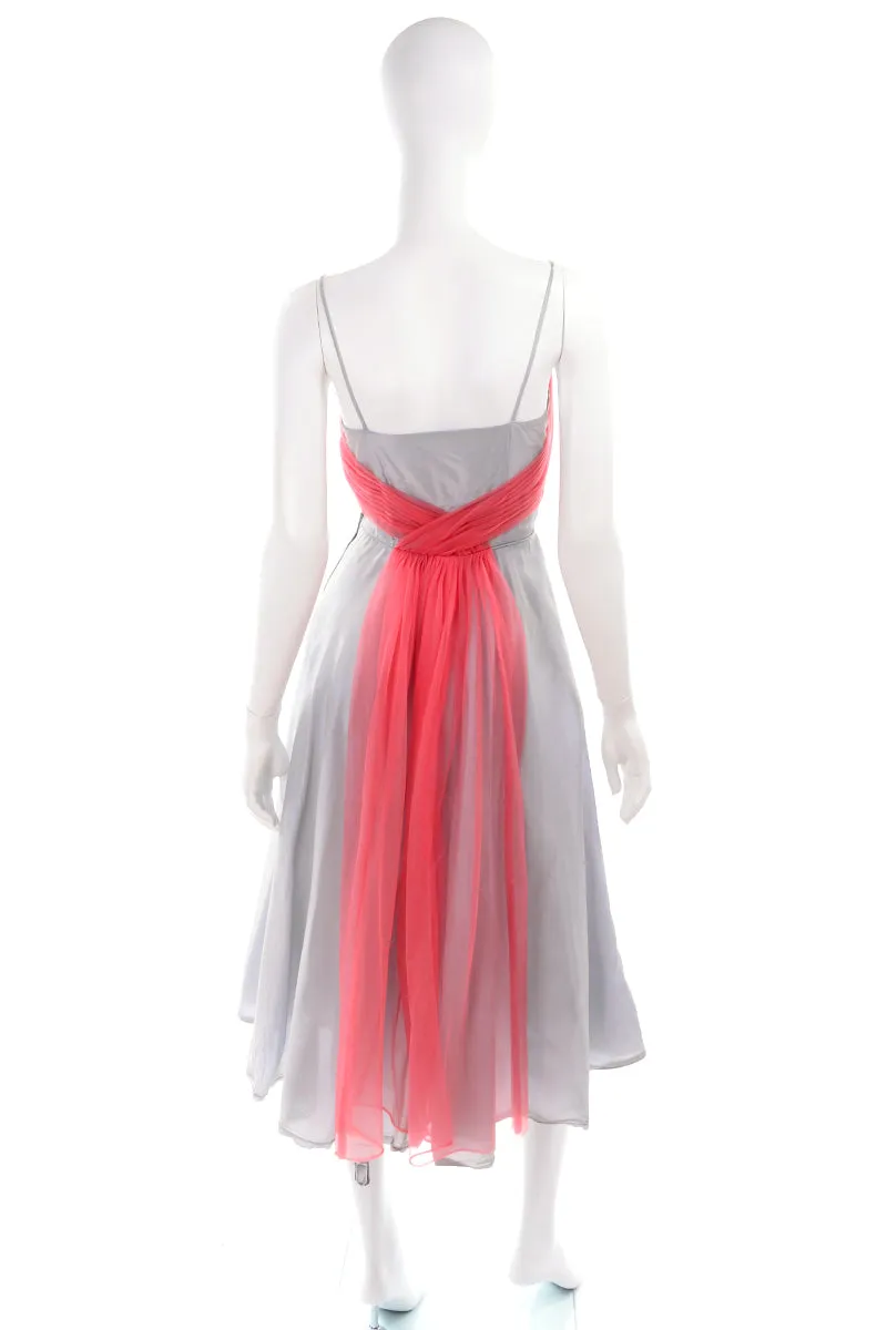 1960s Grey Vintage Party Dress w/ Pink Tulle Sash