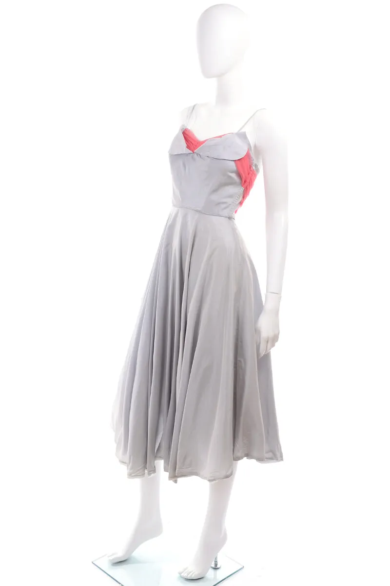 1960s Grey Vintage Party Dress w/ Pink Tulle Sash