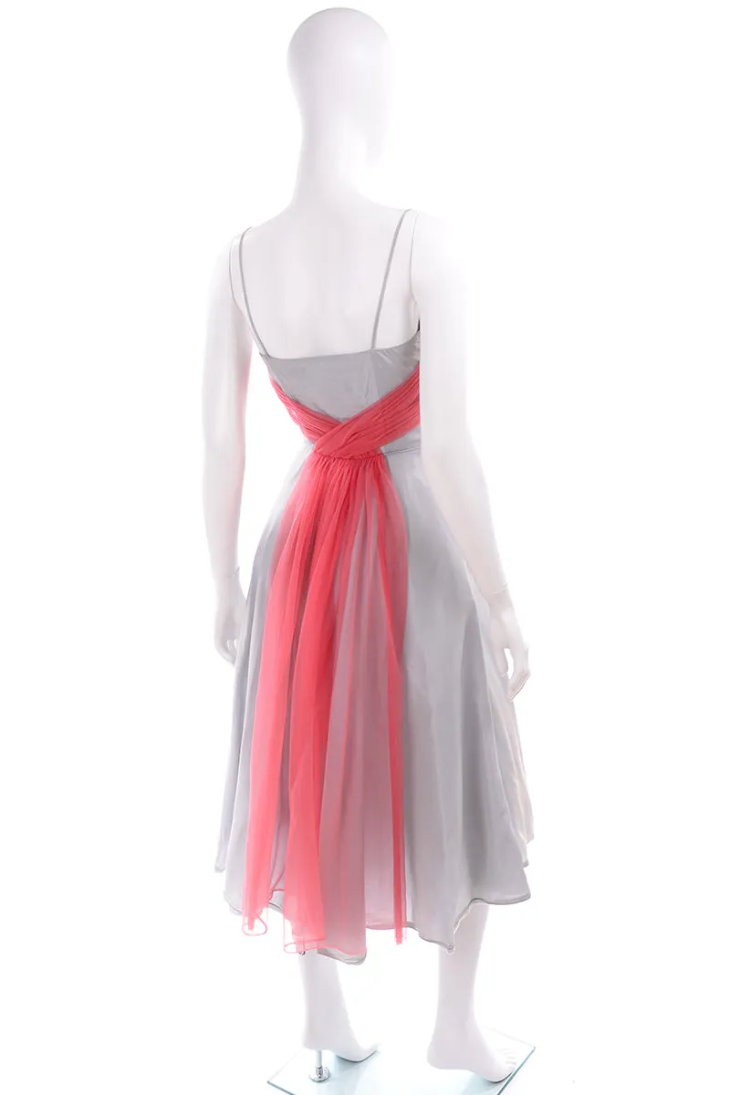 1960s Grey Vintage Party Dress w/ Pink Tulle Sash