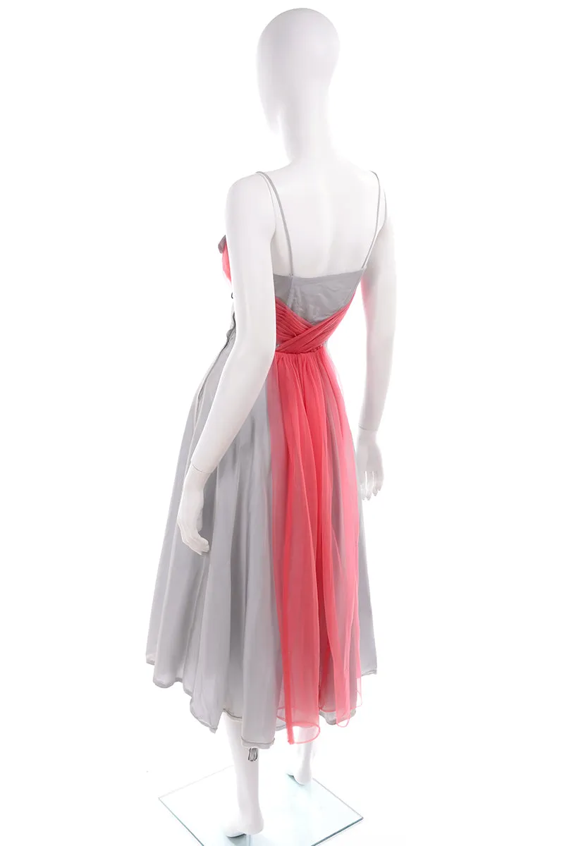 1960s Grey Vintage Party Dress w/ Pink Tulle Sash