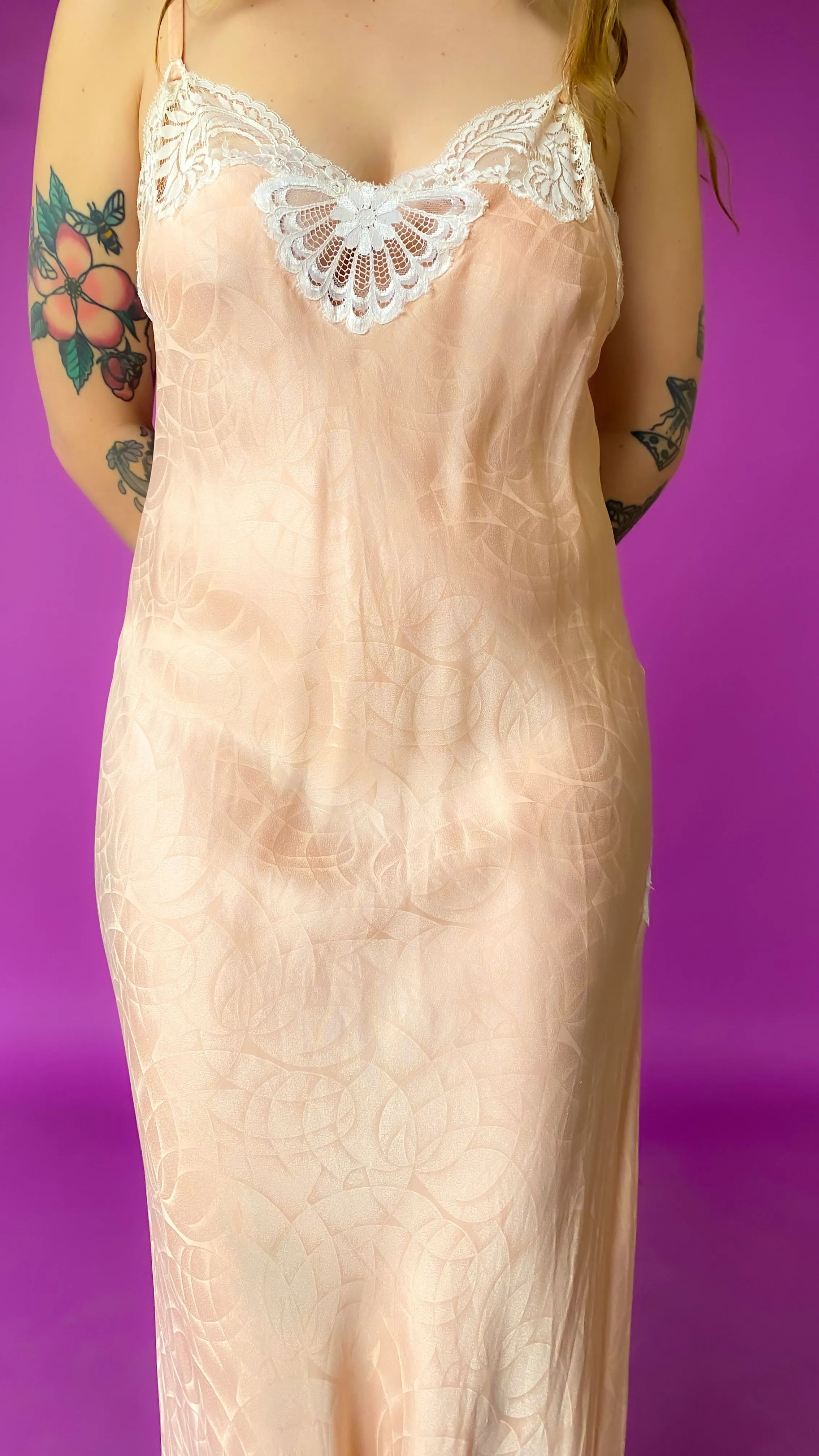 1970s Peach Lace Bias Slip Dress, sz. S