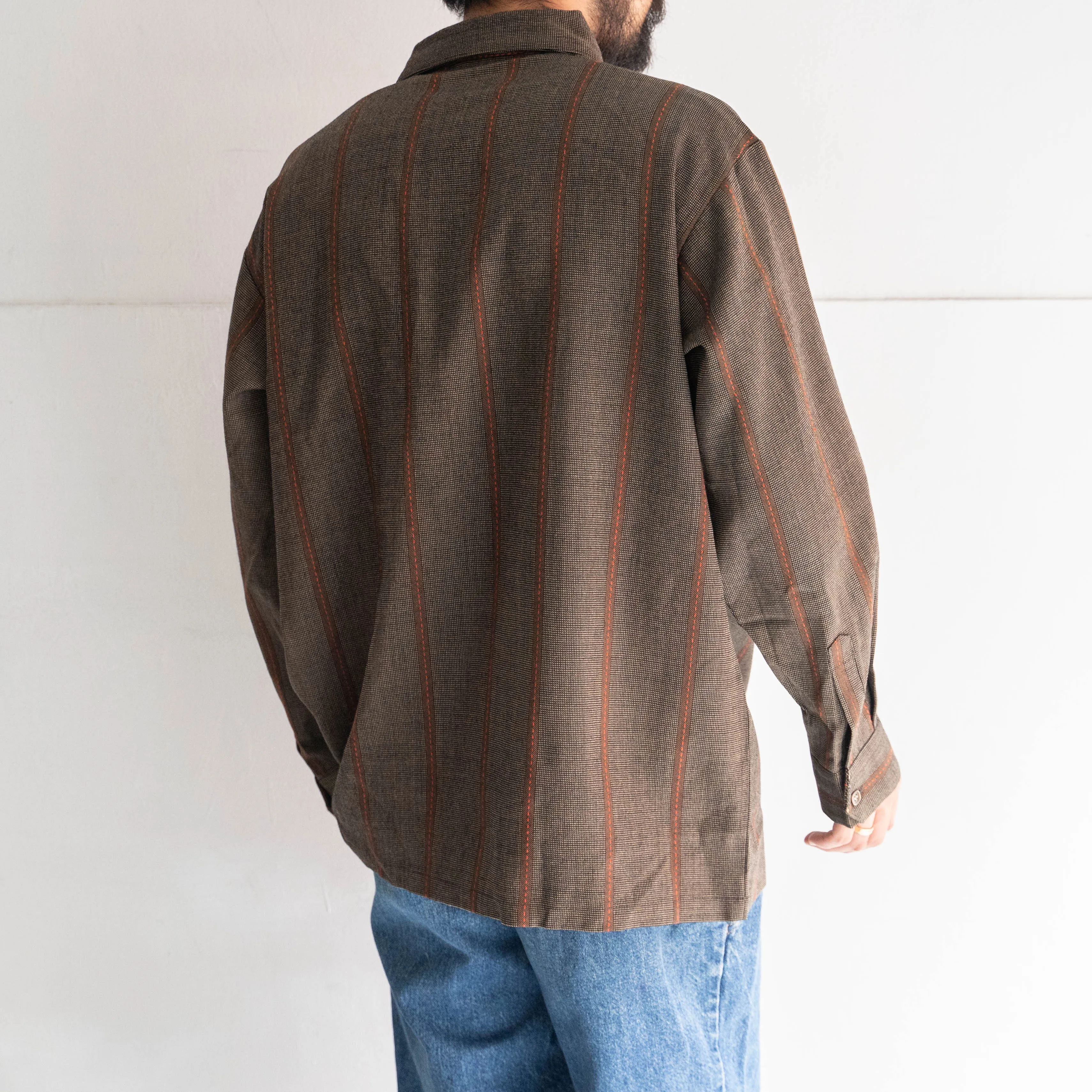 1990s Japan vintage dark brown base stripe open collar shirt