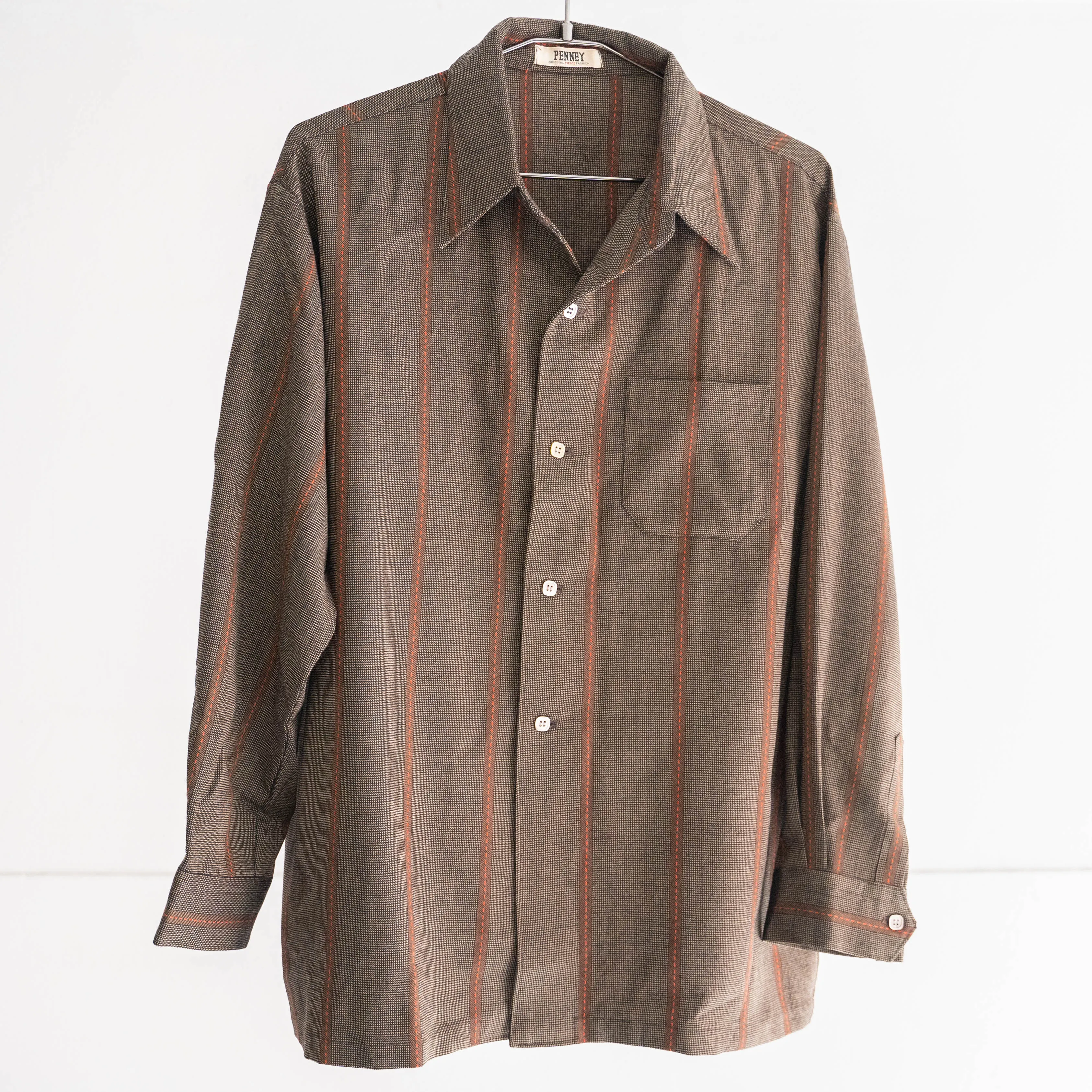 1990s Japan vintage dark brown base stripe open collar shirt