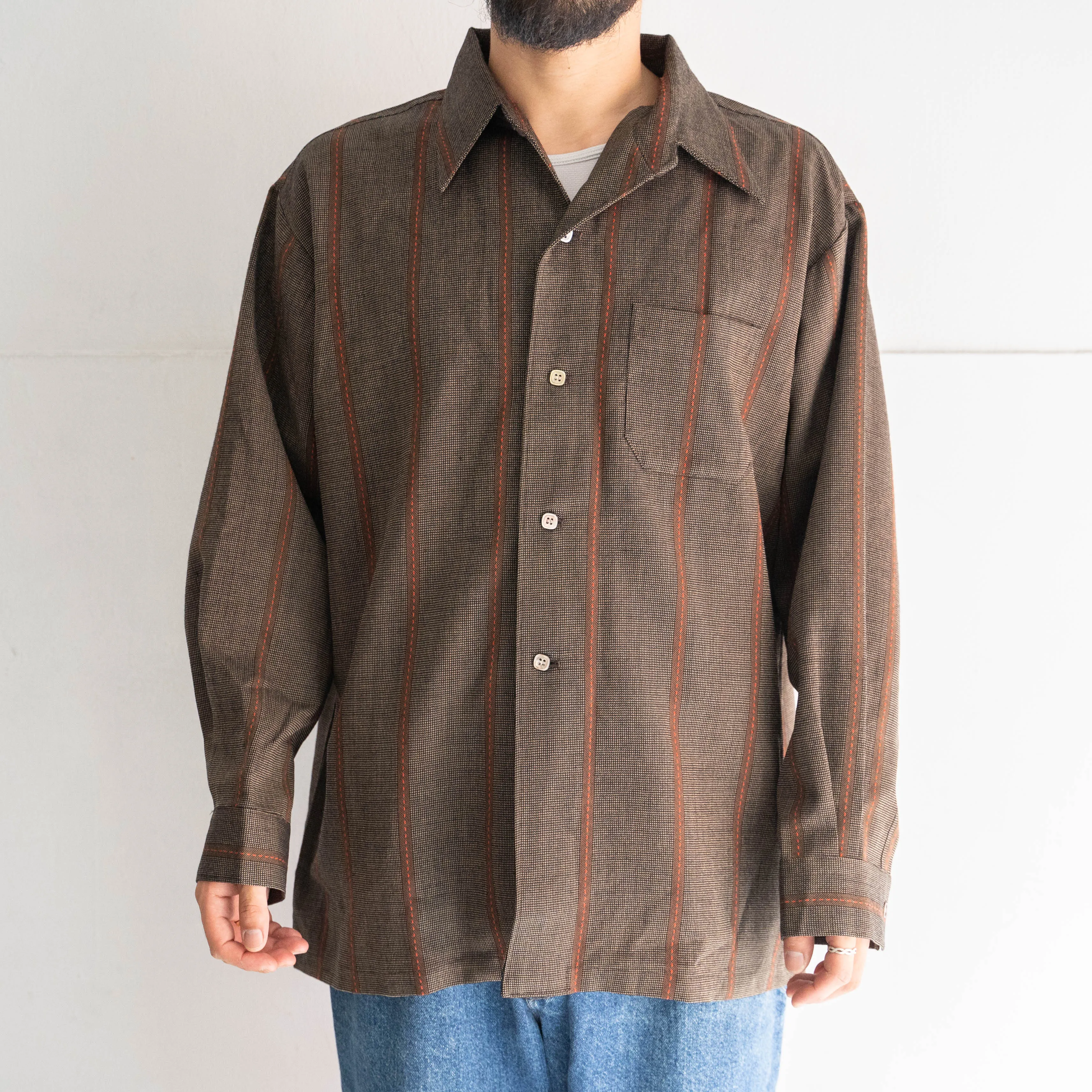 1990s Japan vintage dark brown base stripe open collar shirt