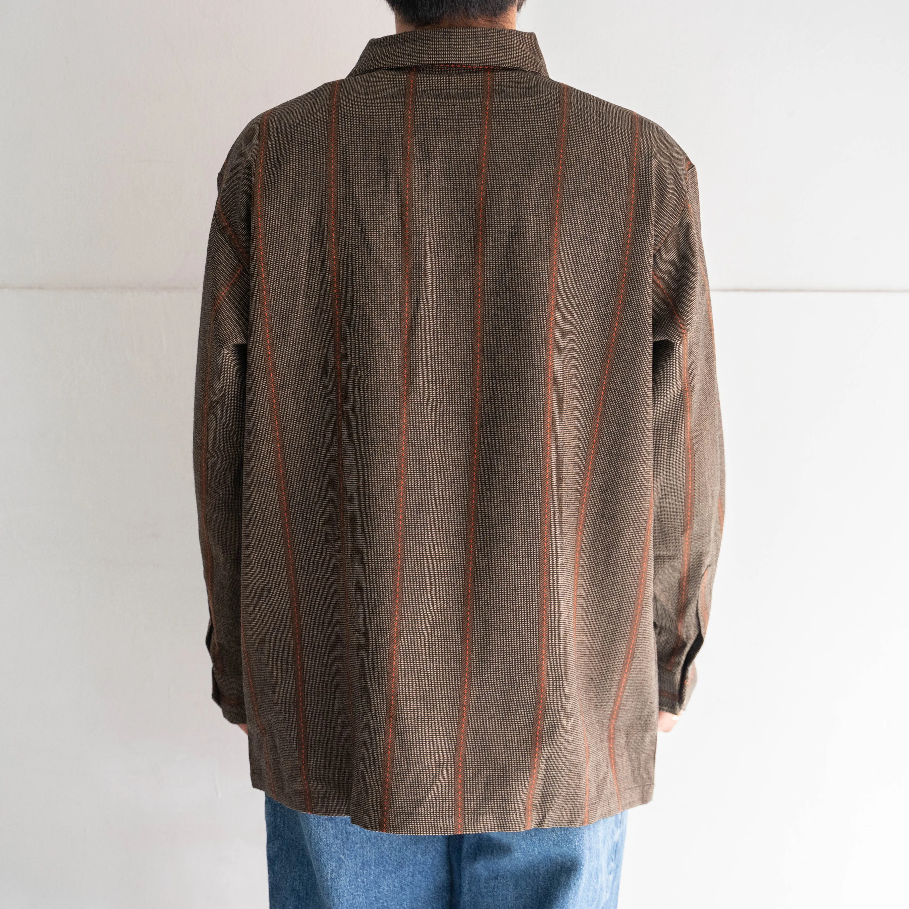 1990s Japan vintage dark brown base stripe open collar shirt